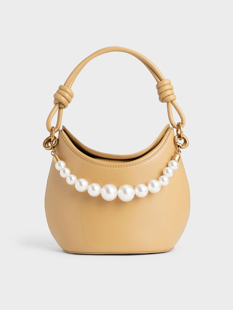 Bead-Embellished Knotted Handle Bag, Sand, hi-res