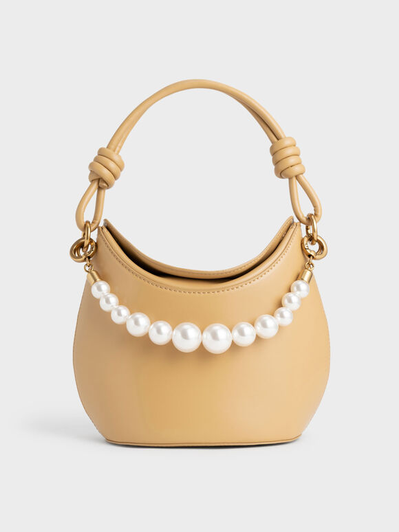 Bead-Embellished Knotted Handle Bag, Sand, hi-res