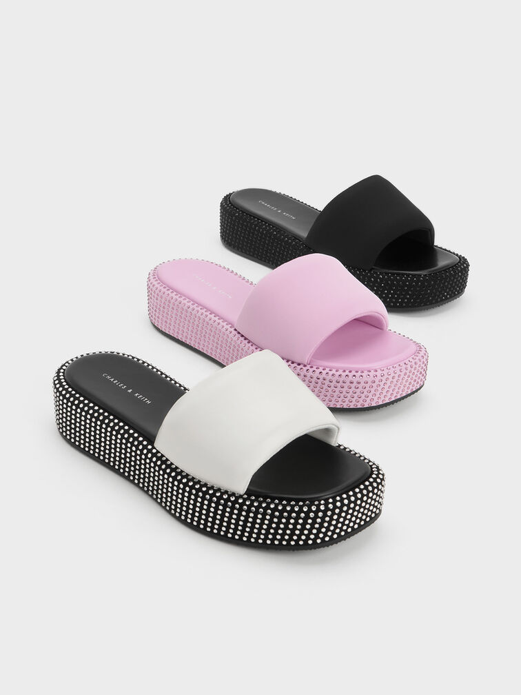 Crystal-Embellished Flatform Sandals, White, hi-res