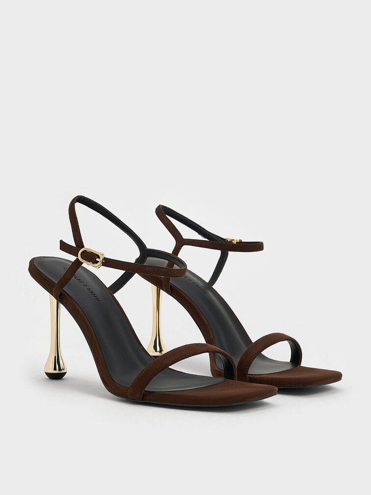 Faux Suede Sculptural-Heel Ankle-Strap Sandals, Dark Brown, hi-res