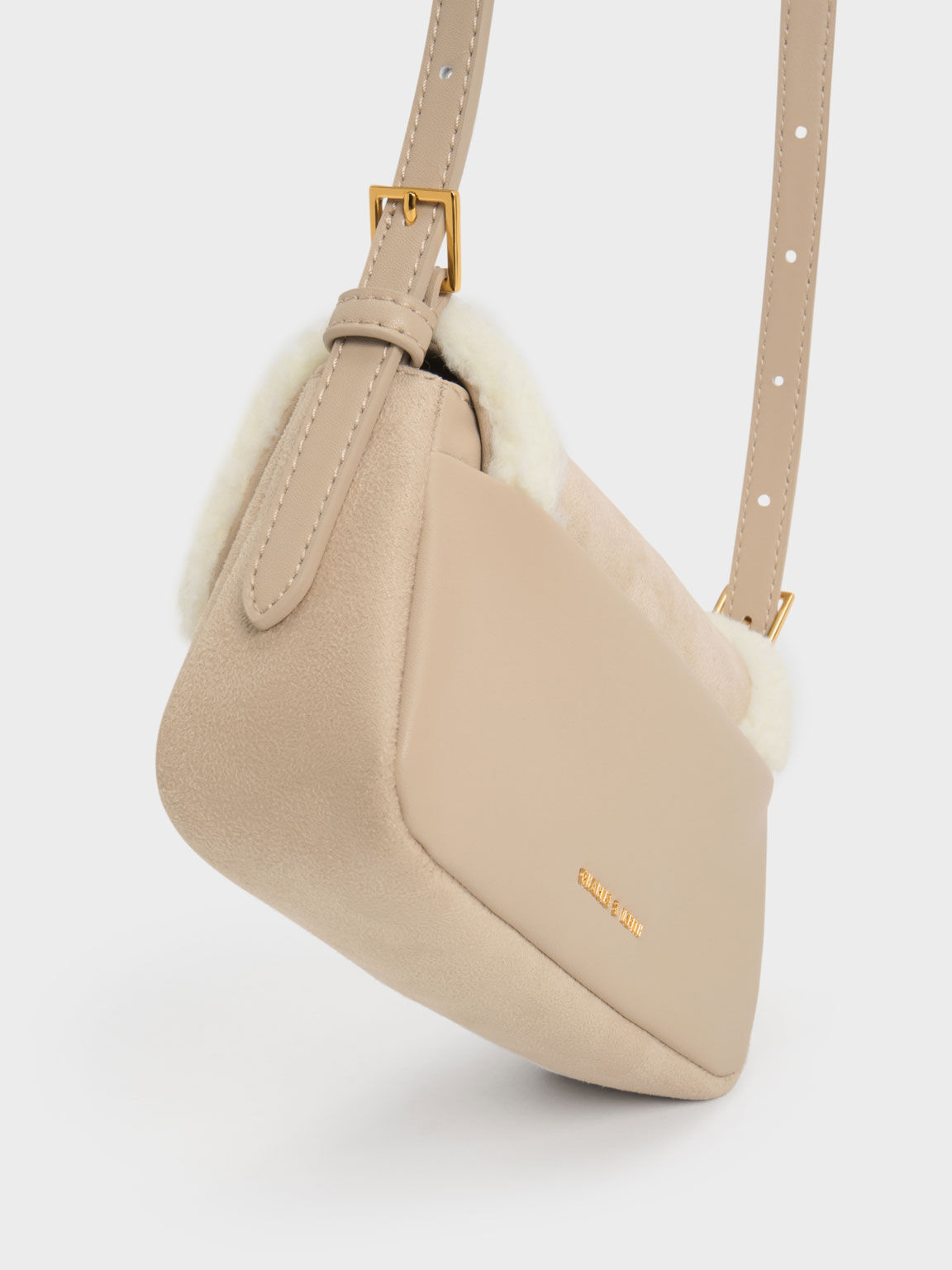 Beige Daki Fur-Trim Belted Shoulder Bag - CHARLES & KEITH SA