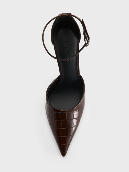 Croc-Effect Pointed-Toe Ankle-Strap D'Orsay Pumps, Animal Print Brown, hi-res