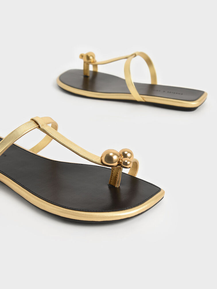 Embellished Toe-Ring Metallic Flat Sandals, Gold, hi-res