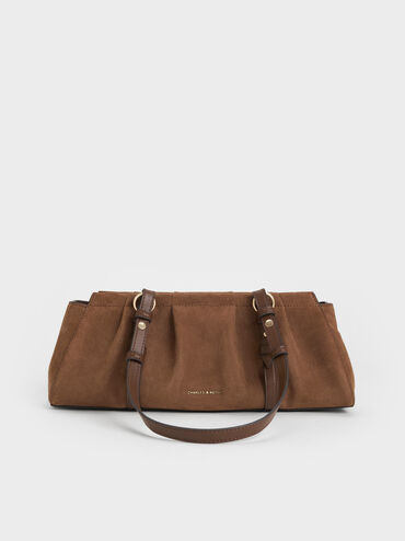 Britton Recycled Suede Ruched Elongated Shoulder Bag, Mocha Brown, hi-res