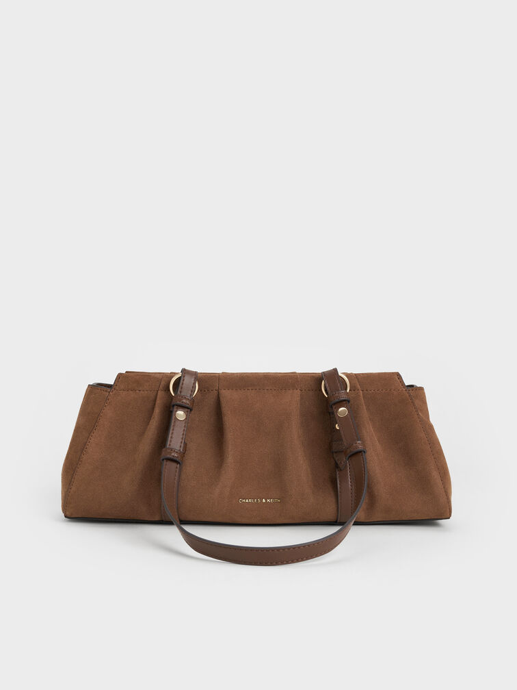 Britton Recycled Suede Ruched Elongated Shoulder Bag, Mocha Brown, hi-res