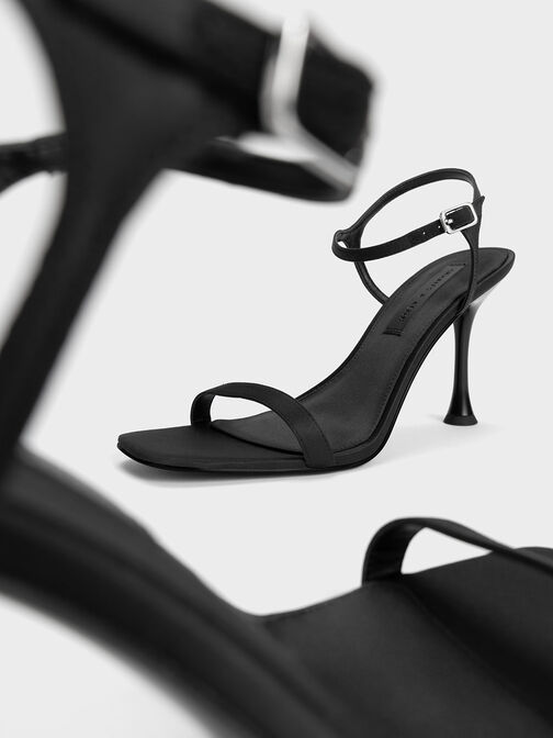 Spool Heel Satin Sandals, Black, hi-res