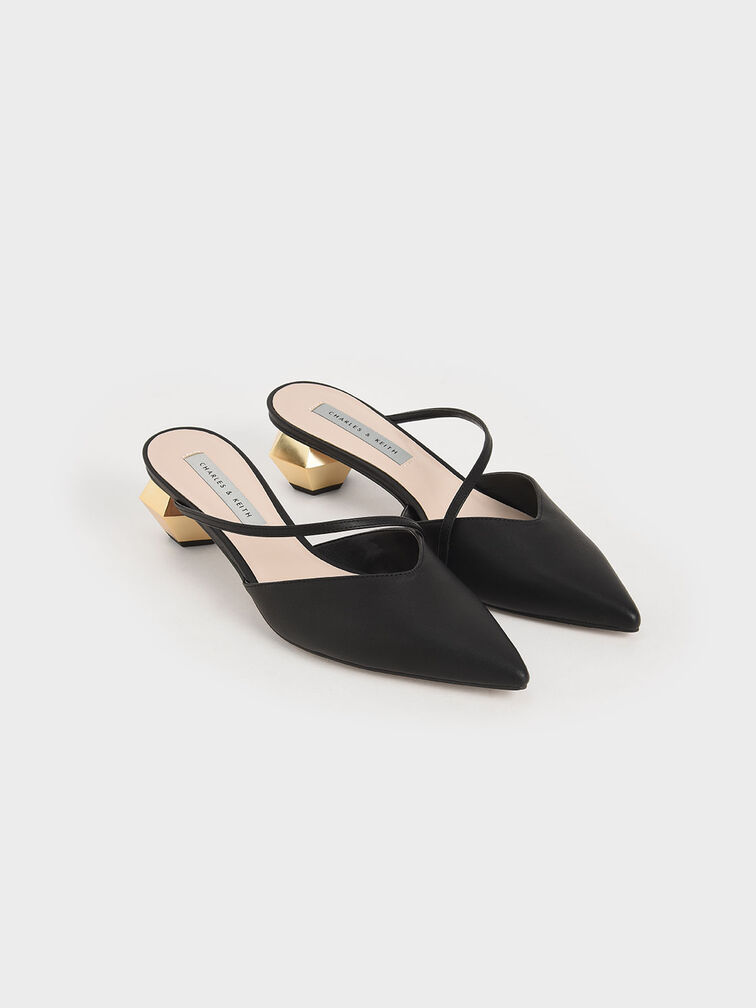 Everly Asymmetric Strap Chrome Heel Mules, Black, hi-res