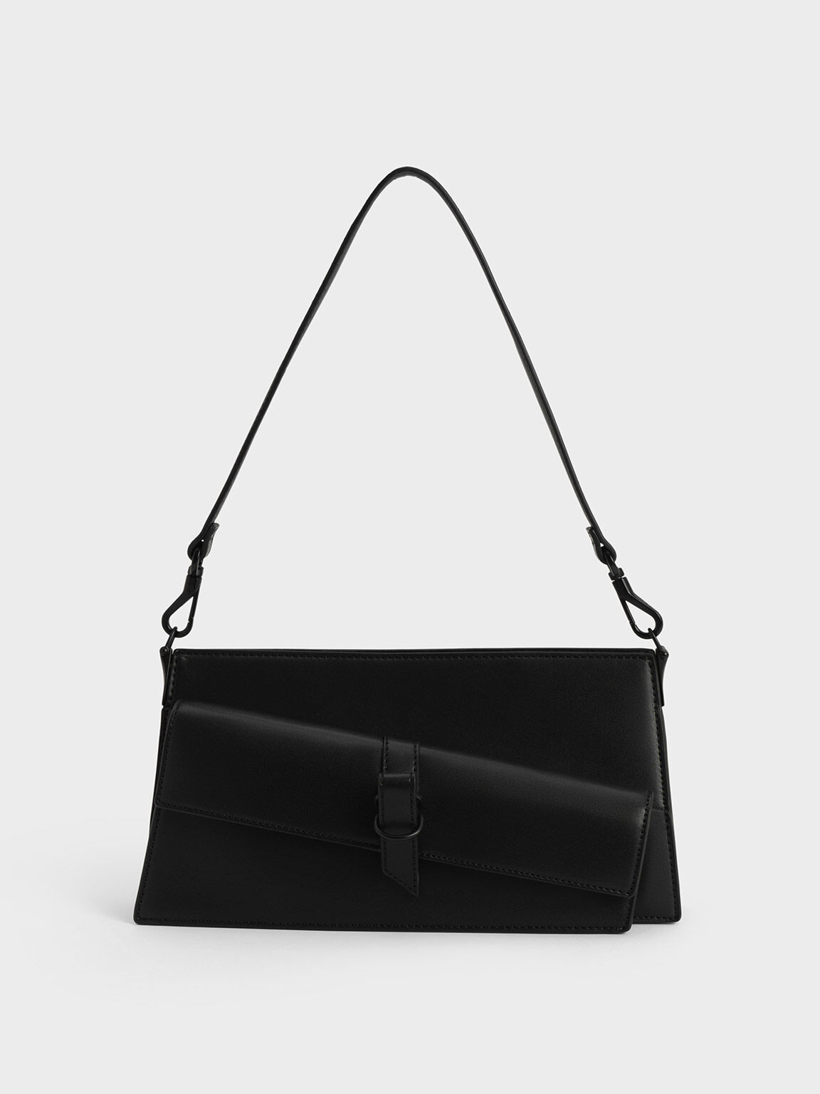 Asymmetric Belted Trapeze Bag, Black, hi-res