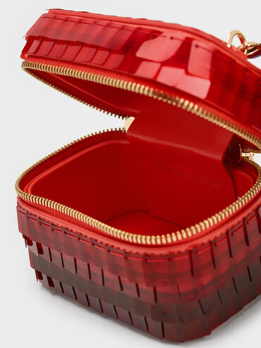 Disc-Embellished Vanity Pouch, Red, hi-res