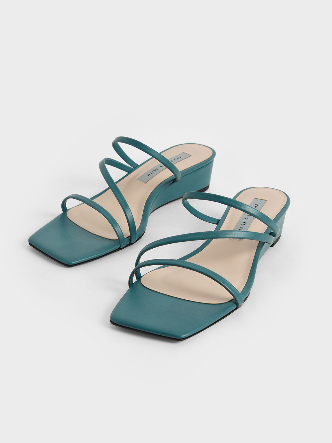 Strappy Wedge Mules, Green, hi-res