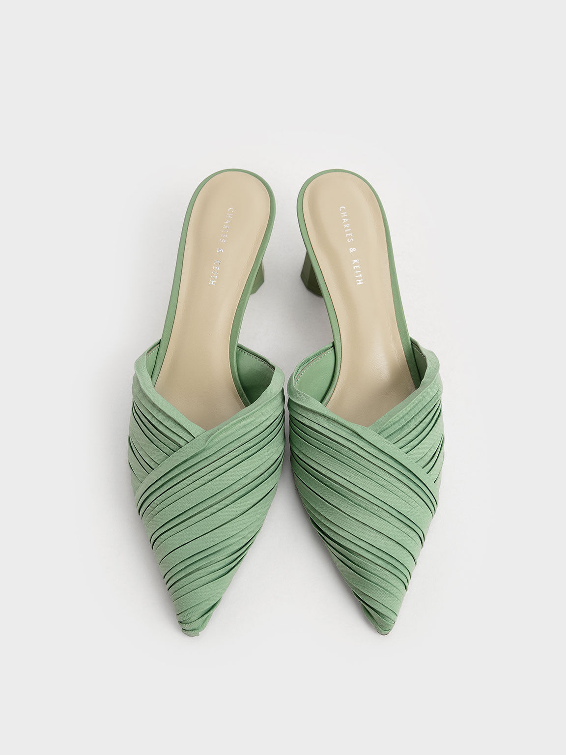 Pleated Pointed Toe Mules, Green, hi-res