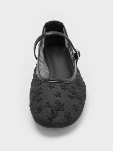 حذاء ماري جين جيرترود شبكي مطرز بزهور, أسود 2, hi-res