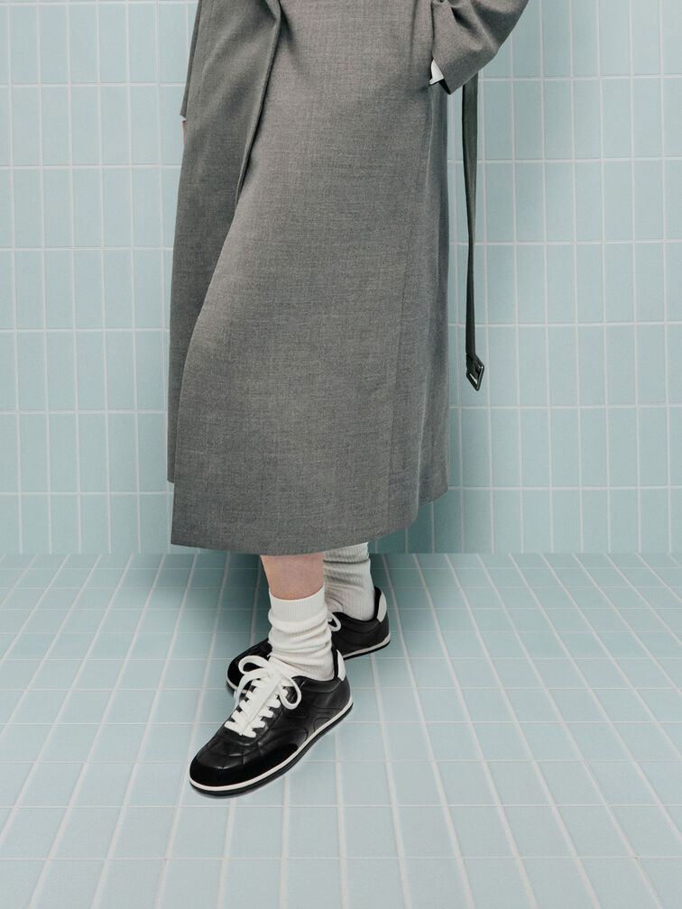 Faux Suede Two-Tone Low-Top Sneakers, Black, hi-res
