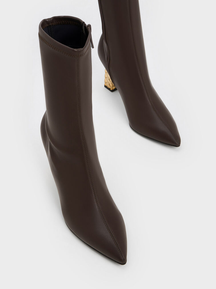 Pointed-Toe Quilted Heel Ankle Boots, Dark Brown, hi-res