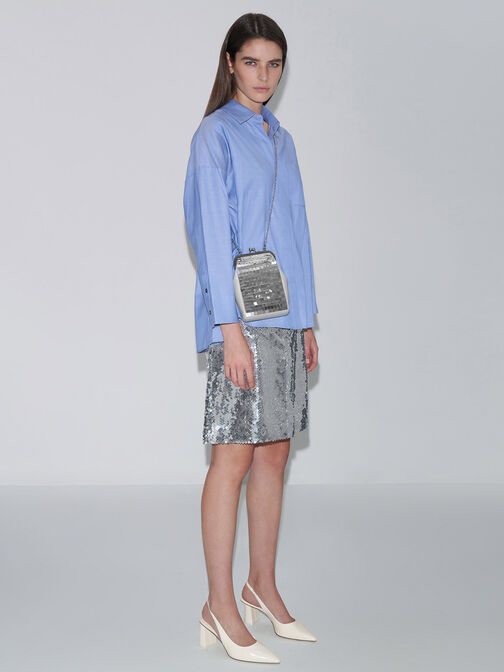 Disc-Embellished Chain Handle Pouch, Silver, hi-res