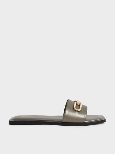 Metallic Accent Padded Slide Sandals, Bronze, hi-res