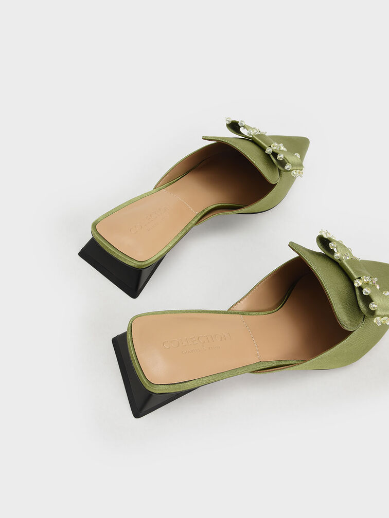 Satin Bead-Embellished Loafer Mules, Green, hi-res