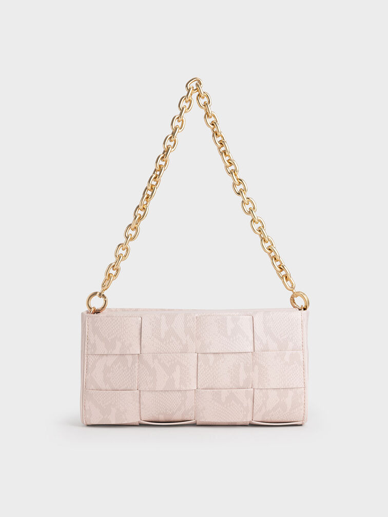 Snake-Print Woven Chain-Handle Bag, Chalk, hi-res