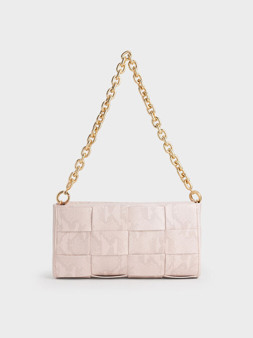 Snake-Print Woven Chain-Handle Bag, Chalk, hi-res