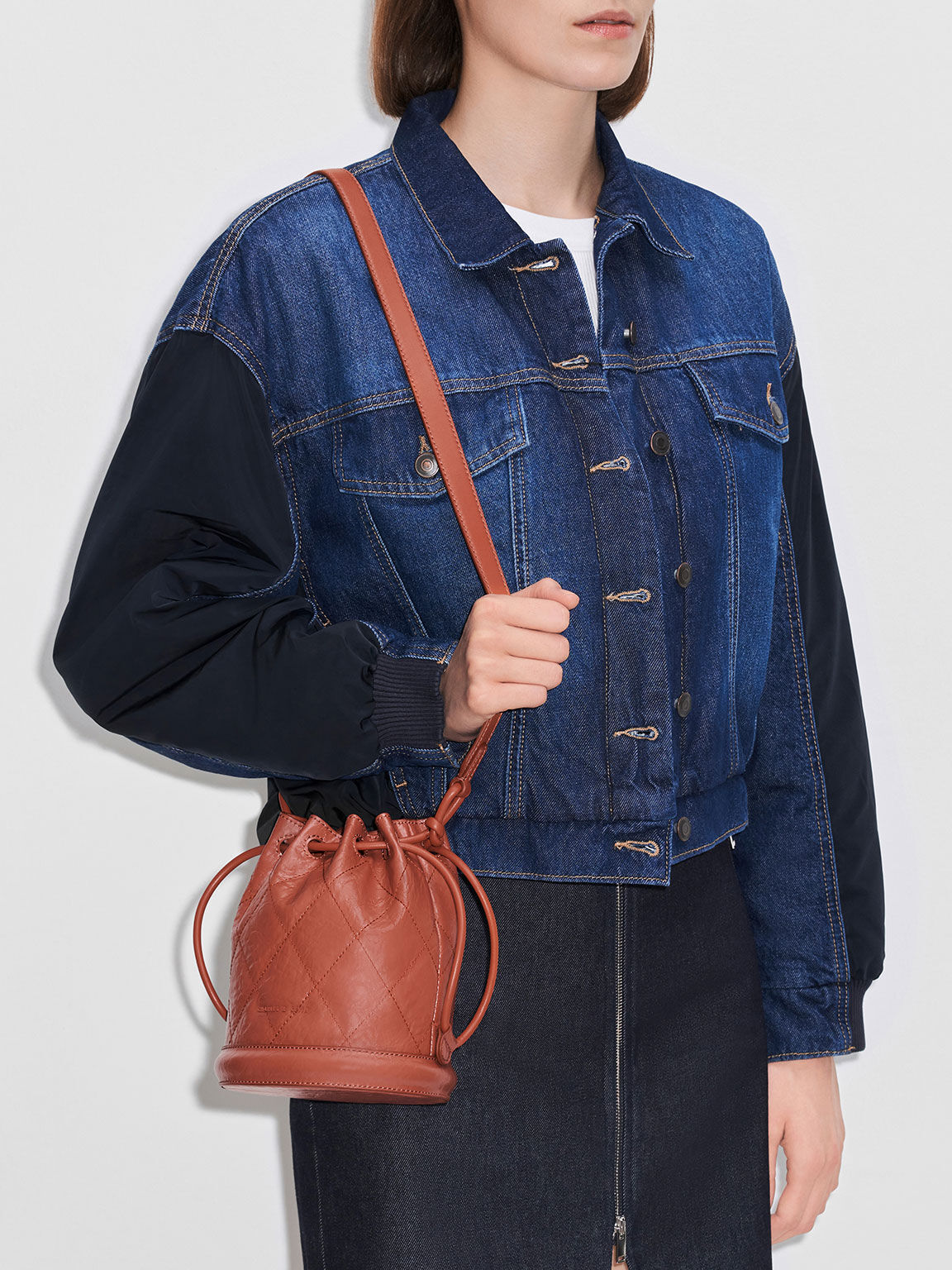 Blossom Quilted Drawstring Bucket Bag, Brick, hi-res