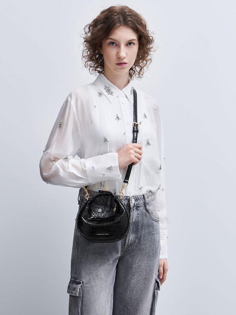 Mini Croc-Effect Moon Bag, Black, hi-res