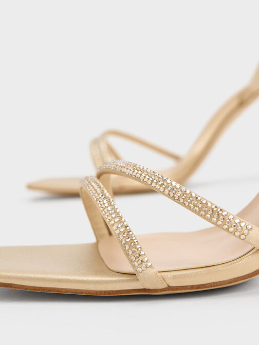 Satin Crystal-Embellished Stiletto-Heel Sandals, Gold, hi-res