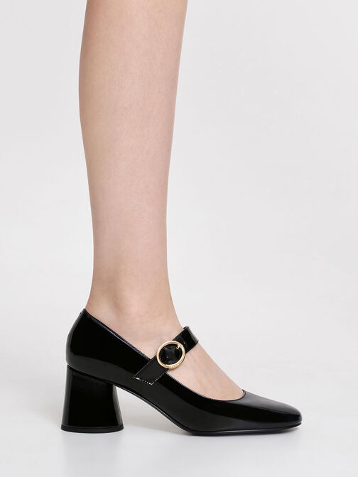 حذاء ماري جينز بكعب عريض أسطواني لامع, Black Patent, hi-res