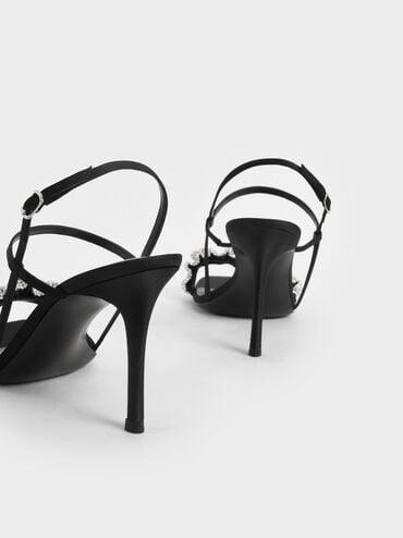 Gem-Embellished Satin Stiletto Sandals, Black, hi-res