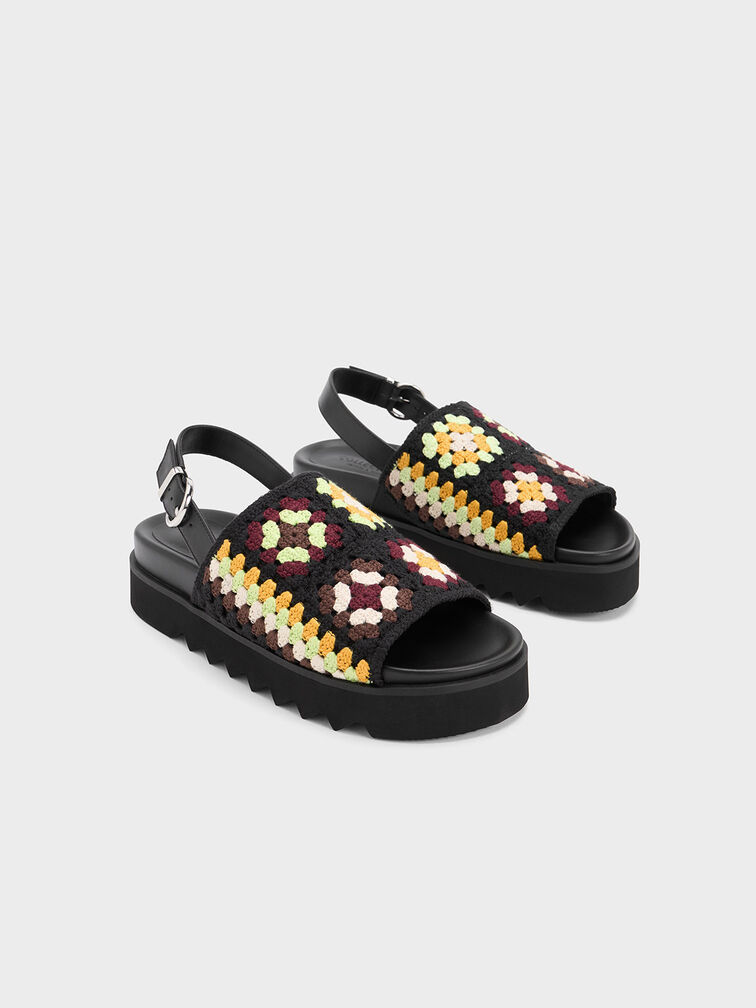 Crochet & Leather Floral Slingback Sandals, Multi, hi-res
