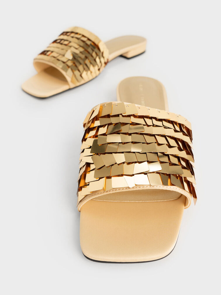 Sequinned Satin Slide Sandals, Gold, hi-res