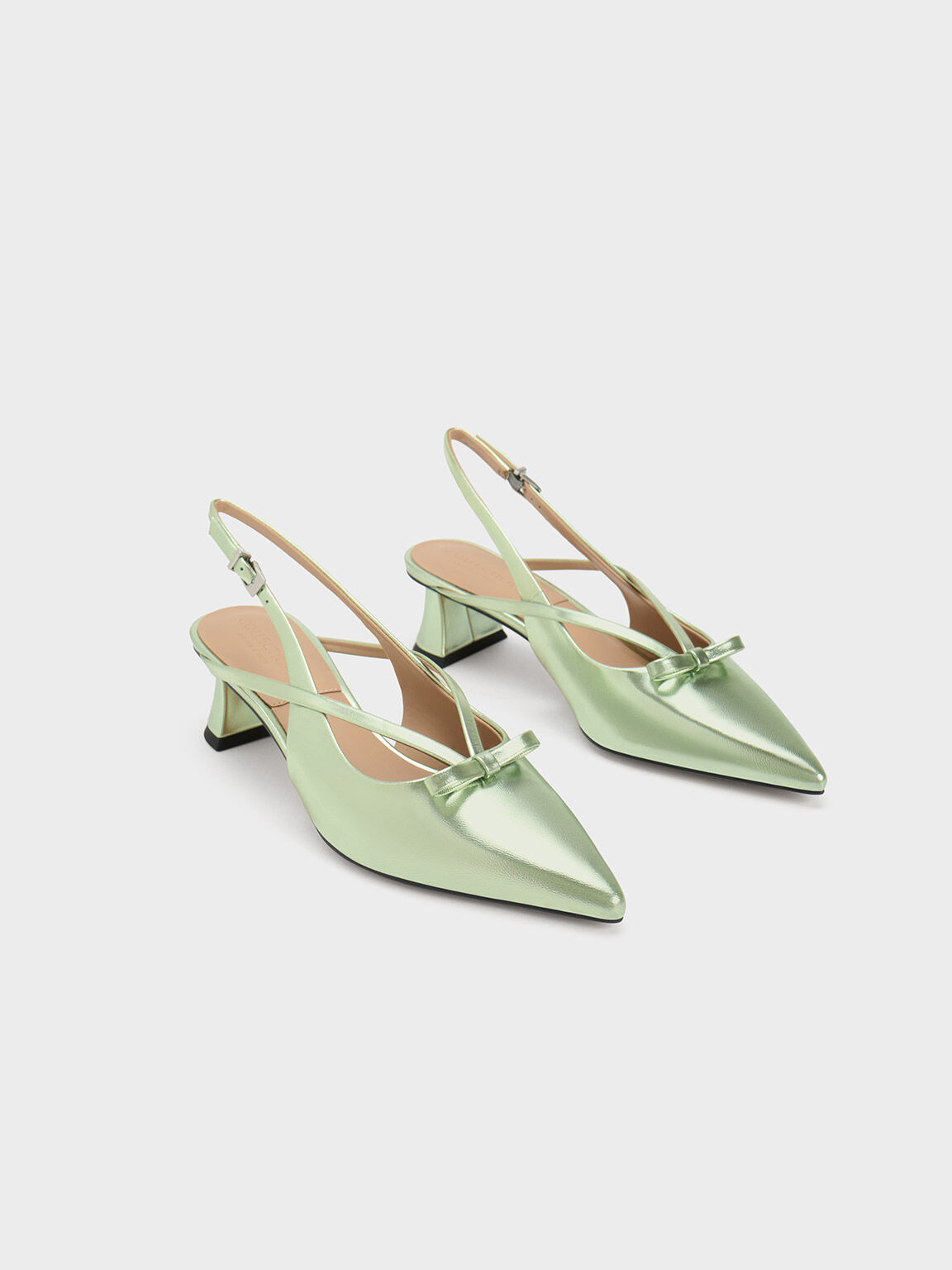 Metallic Leather Bow Strappy Slingback Pumps, Green, hi-res