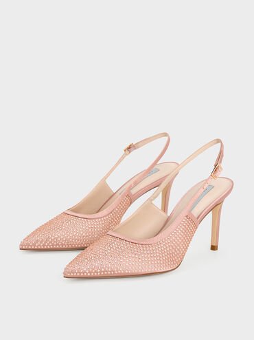 Satin Crystal-Embellished Slingback Pumps, Nude, hi-res