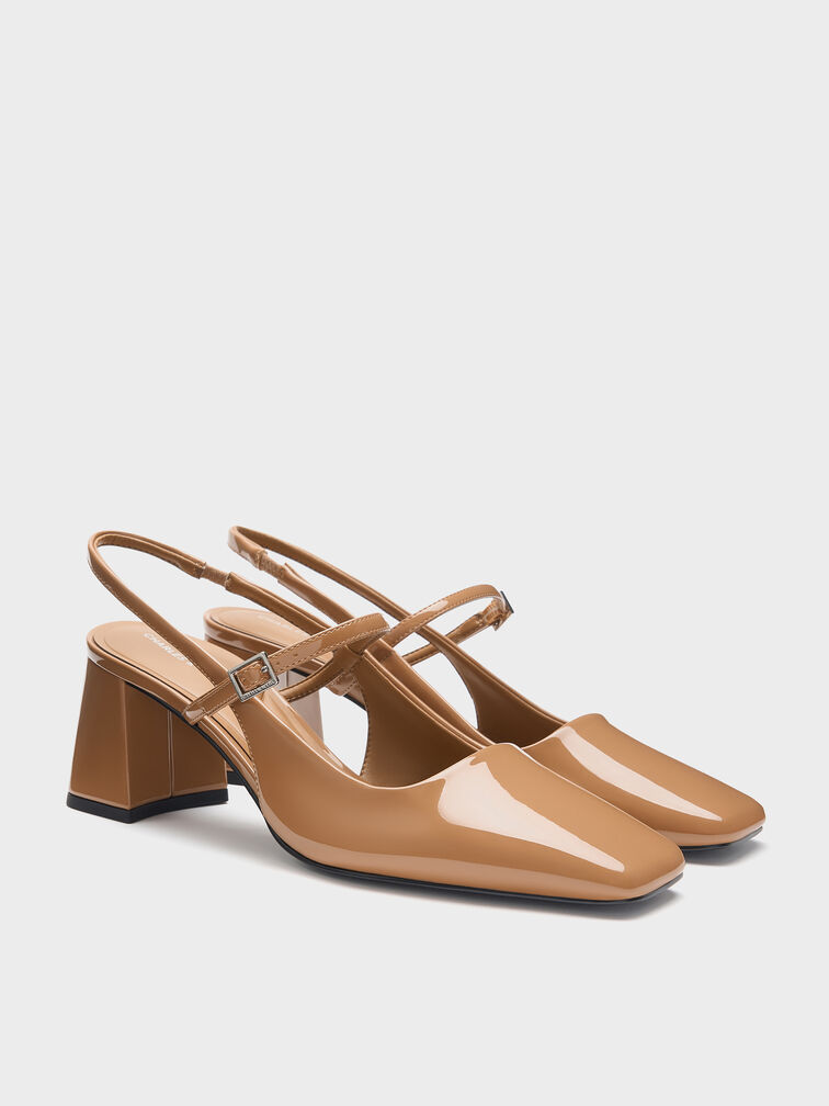 Patent Square-Toe Mary Jane Slingback Pumps, Caramel, hi-res