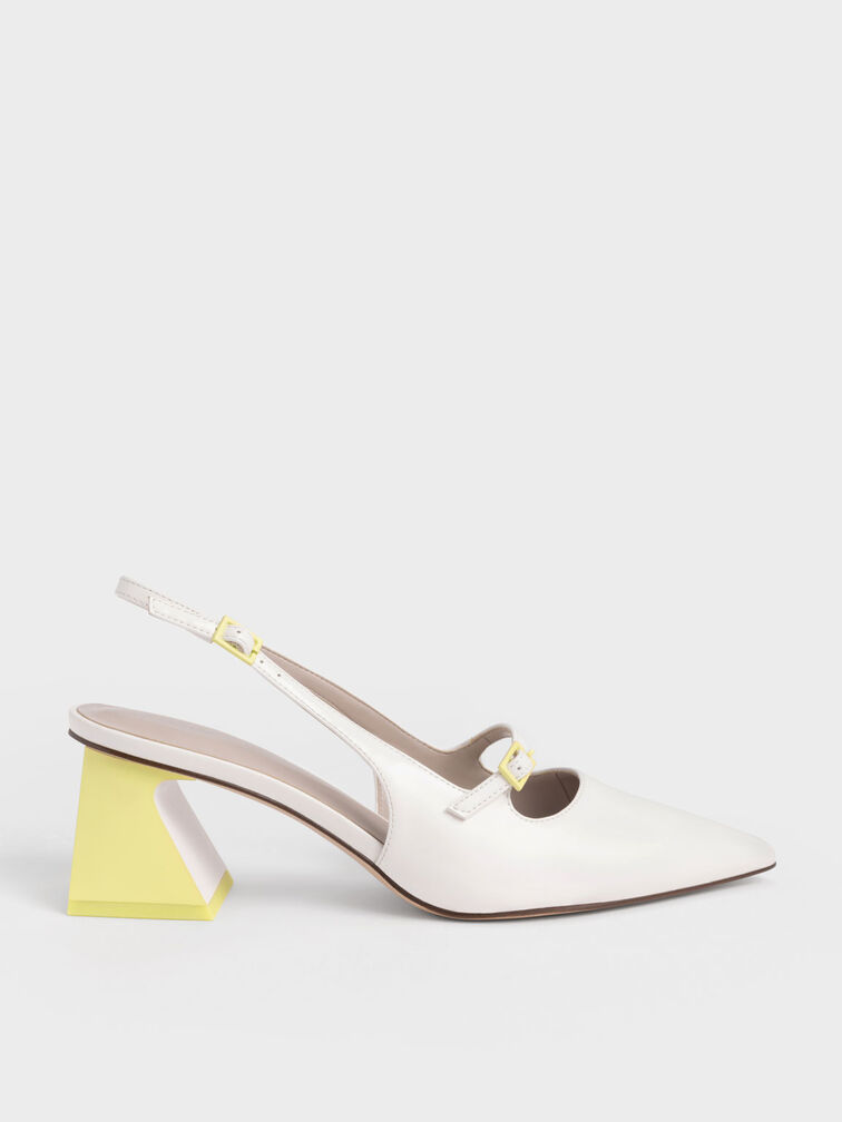 Two-Tone Trapeze Heel Slingback Pumps, White, hi-res