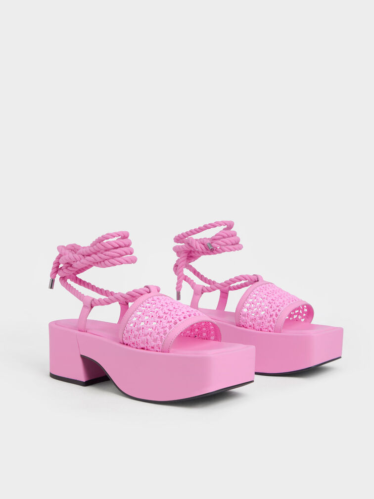 Micah Raffia & Leather Tie-Around Flatforms, Pink, hi-res