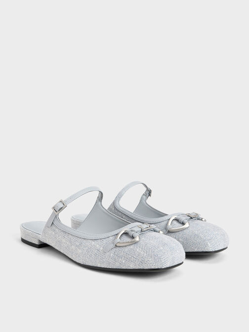 Woven Fabric Metallic-Accent Flat Mules, Light Blue, hi-res