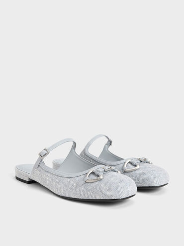 Woven Fabric Metallic-Accent Flat Mules, Light Blue, hi-res