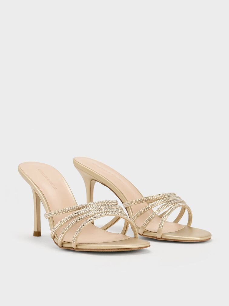 Satin Crystal-Embellished Heeled Mules, Gold, hi-res