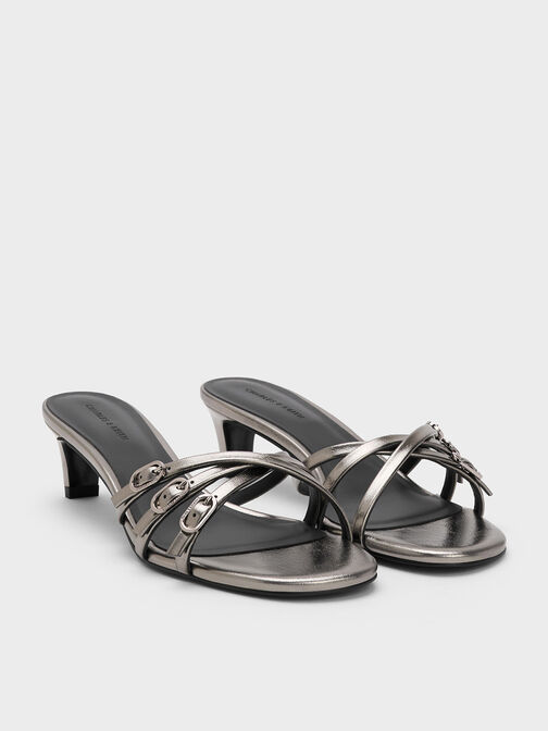 Metallic Buckled Strappy Kitten-Heel Mules, Pewter, hi-res