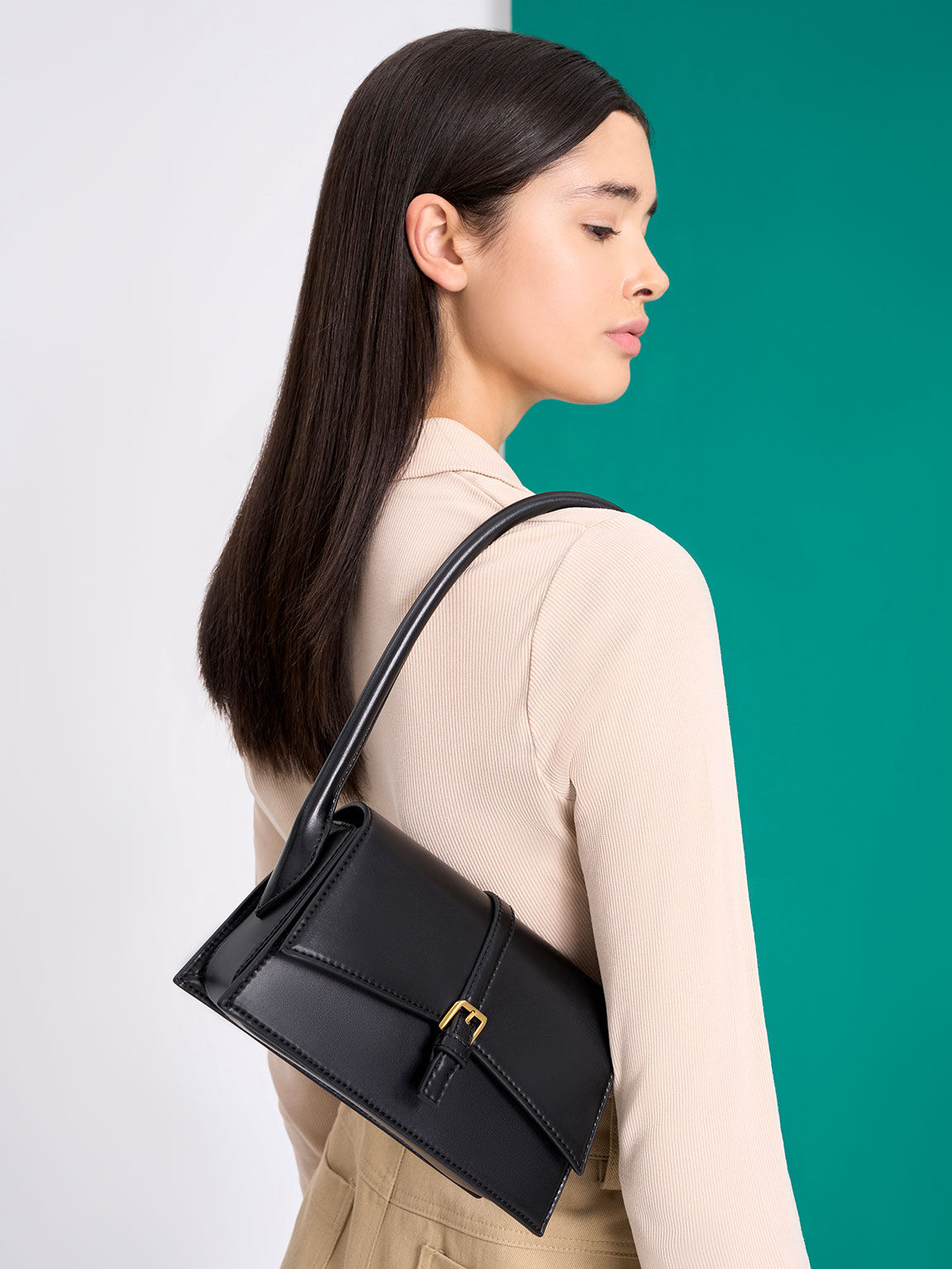 Annelise Belted Trapeze Bag, Black, hi-res