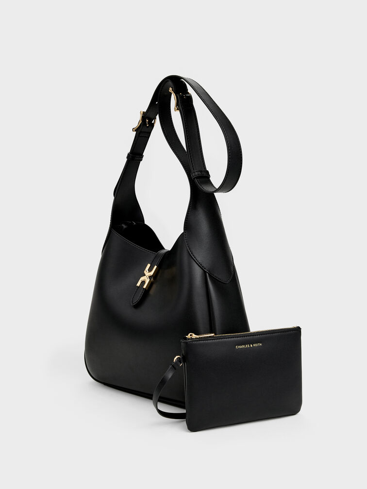 Adalyn Metallic-Buckle Belted Hobo Bag, Black, hi-res