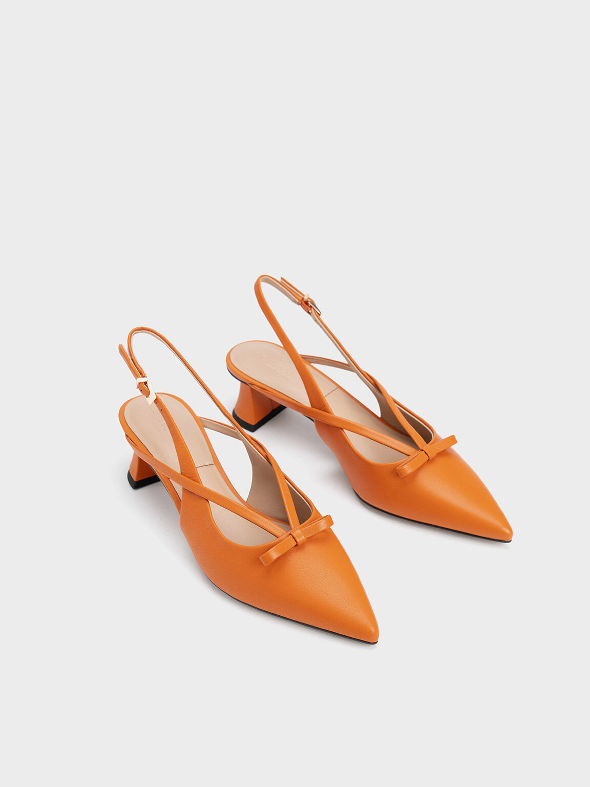 Leather Bow Strappy Slingback Pumps, Orange, hi-res