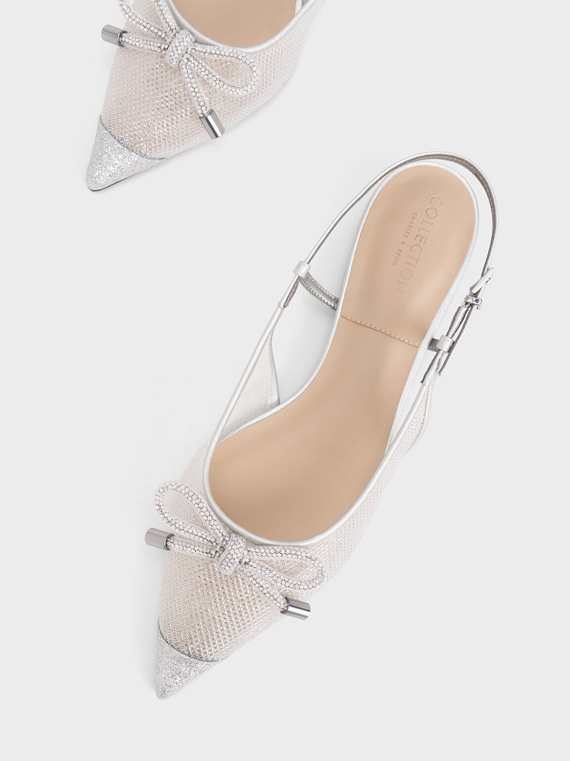 Embellished-Bow Mesh Slingback Ballerinas, Silver, hi-res