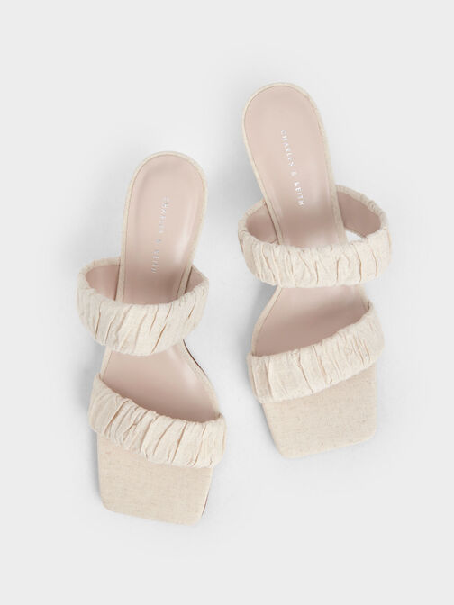 Linen Ruched Heeled Mules, Chalk, hi-res