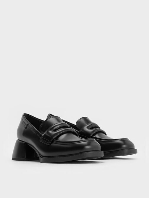 Penny Loafer Trapeze-Heel Pumps, Black Boxed Penny Loafer Trapeze-Heel Pumps, Black Boxed, hi-res