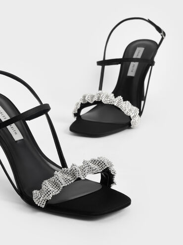 Gem-Embellished Satin Stiletto Sandals, Black, hi-res