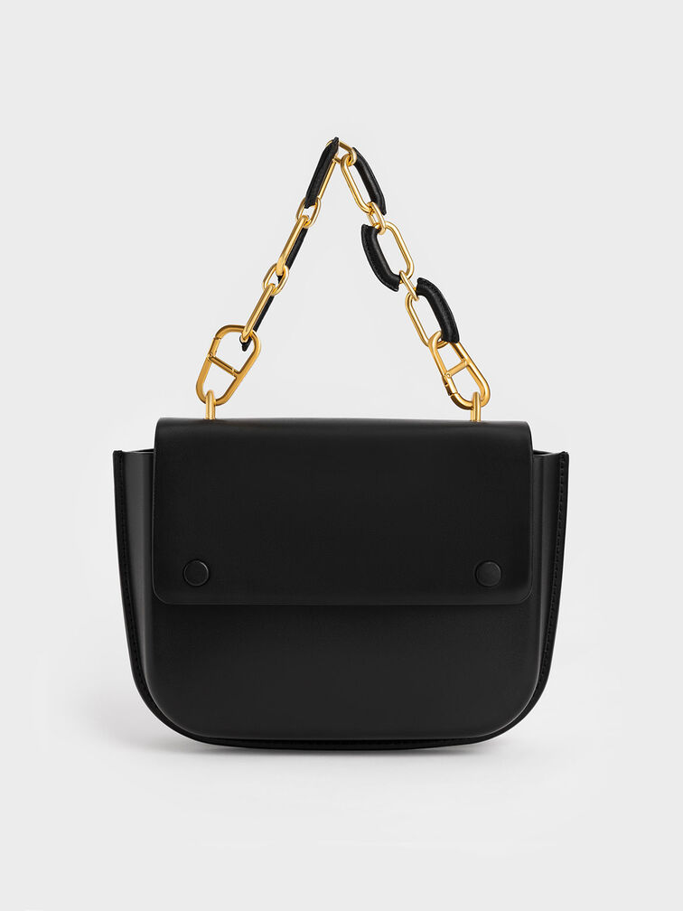 Amber Chain Handle Push-Lock Handbag, Black, hi-res