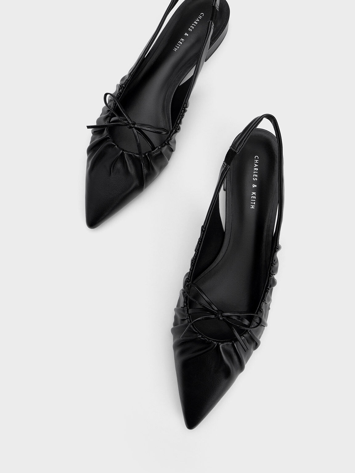 Bow Ruched Slingback Flats, Black, hi-res