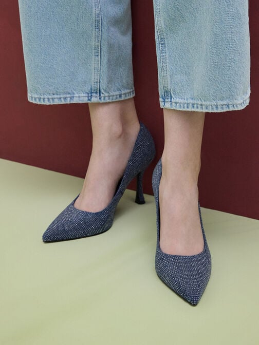 Denim Pointed-Toe Spool-Heel Pumps, Denim Blue Denim Pointed-Toe Spool-Heel Pumps, Denim Blue, hi-res