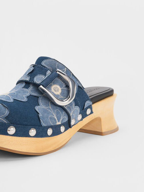 Gabine Floral Denim Studded Clogs, Blue, hi-res